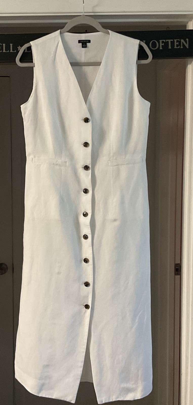 Ann Taylor White Linen Blend Button-Down Vest Dress Sleeveless Midi Size 8