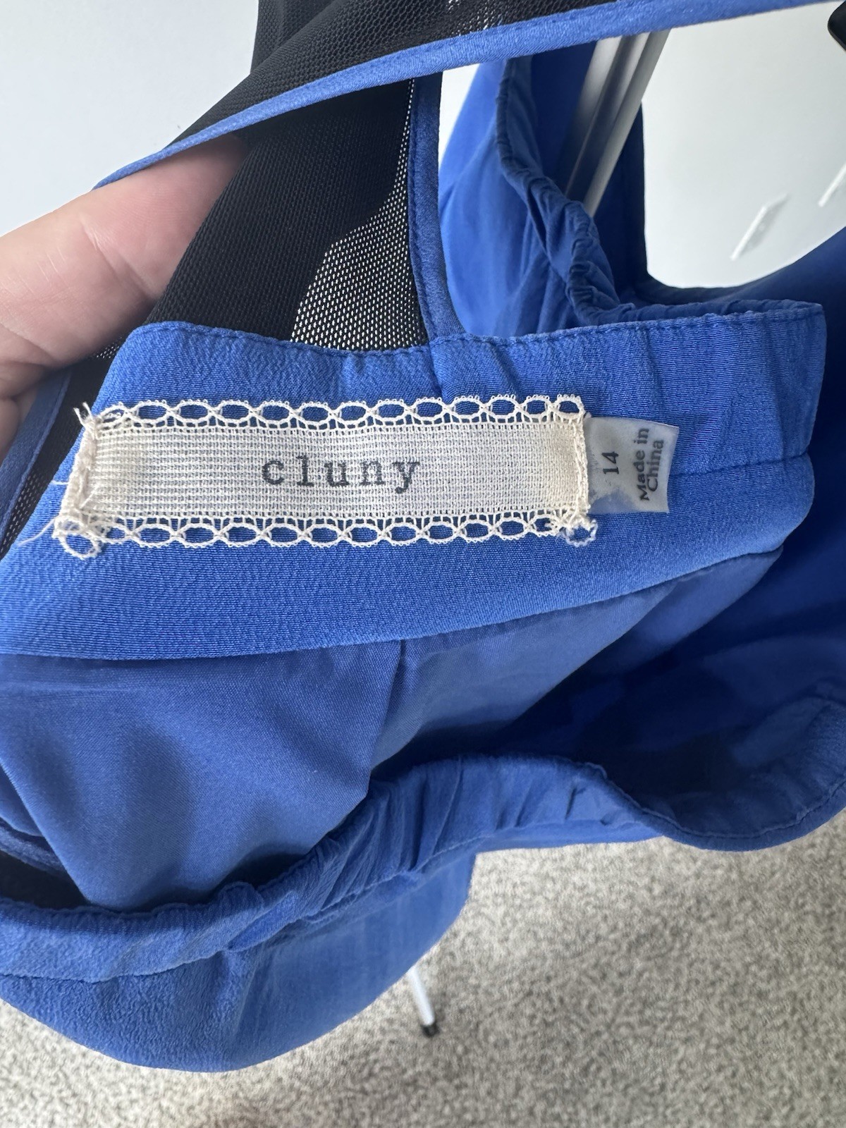Cluny 100% Silk Blue Patchwork Shift Dress Size 14 Sleeveless Sheer Panel Design