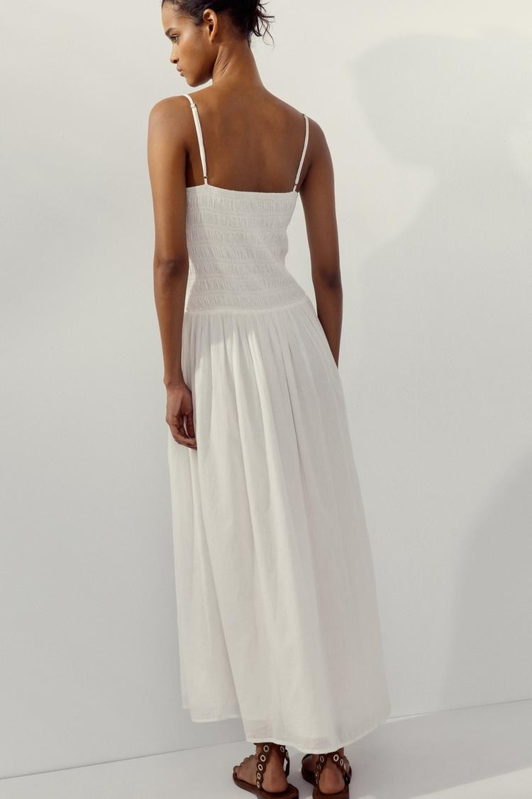 ZARA EMBROIDERED FLORAL OYSTER WHITE MIDI DRESS M