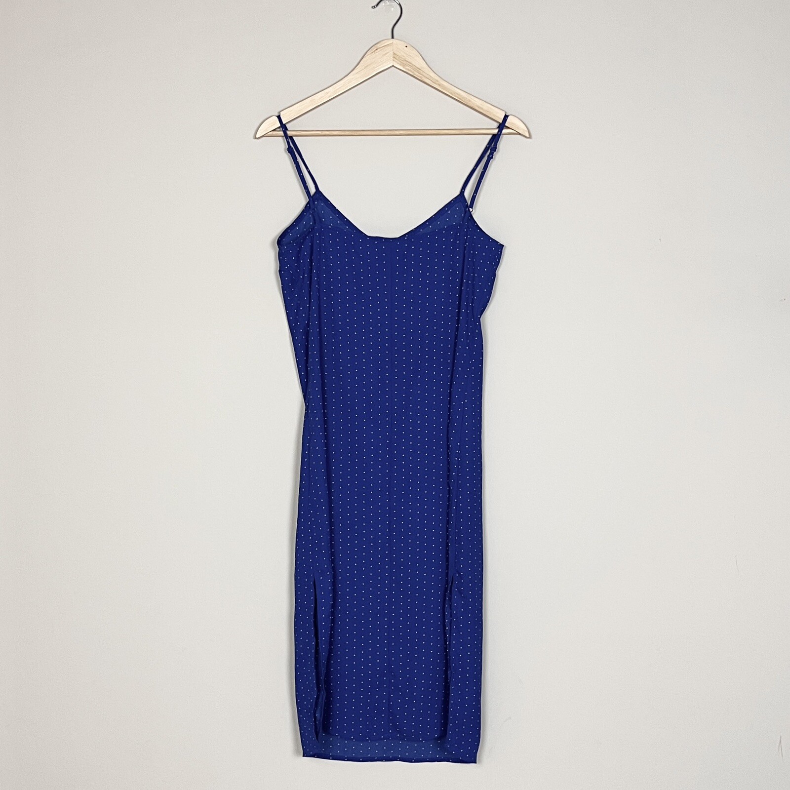 Lulus Paiton Royal Blue Midi Slip Dress Geo Polka Dot Semi Sheer Lightweight S