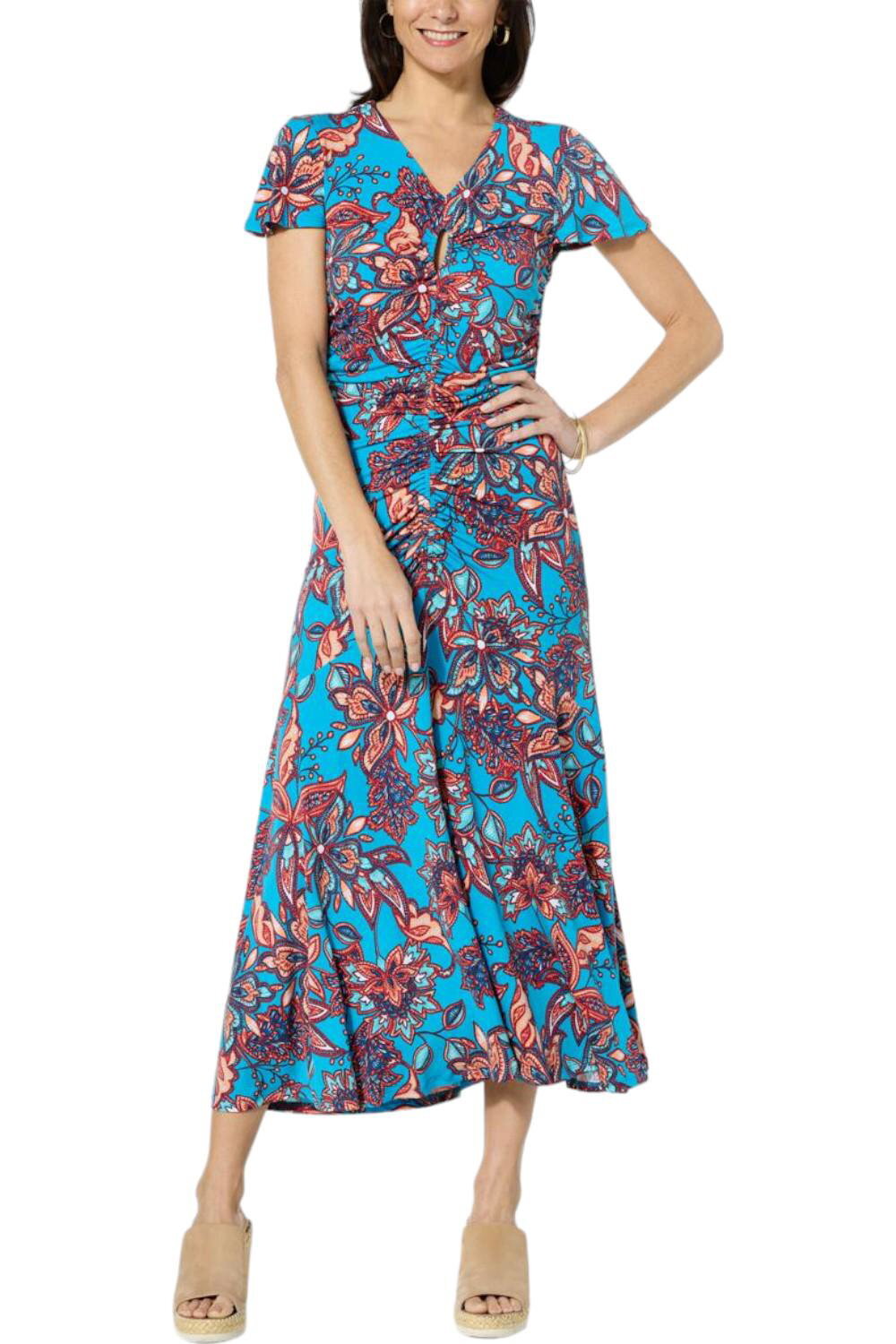 Colleen Lopez Ruched Flutter-Sleeve Dress Teal