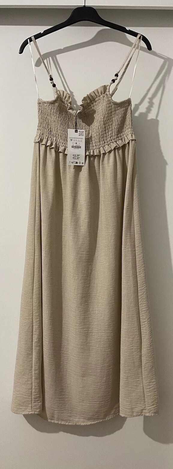 ZARA LIGHT CAMEL SMOCKED TOP THIN STRAPS MIDI DRESS SIZE M BNWT