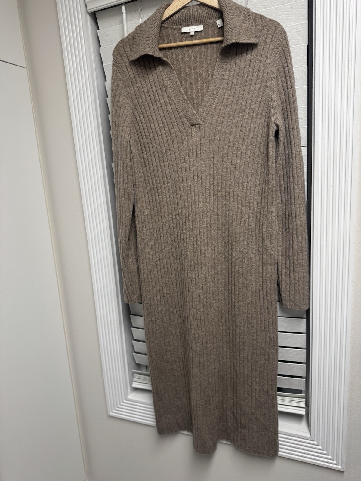 Vince Cashmere Wool Collared Ribbed Sweater Dress Polo Knit Brown Mocha Tan L