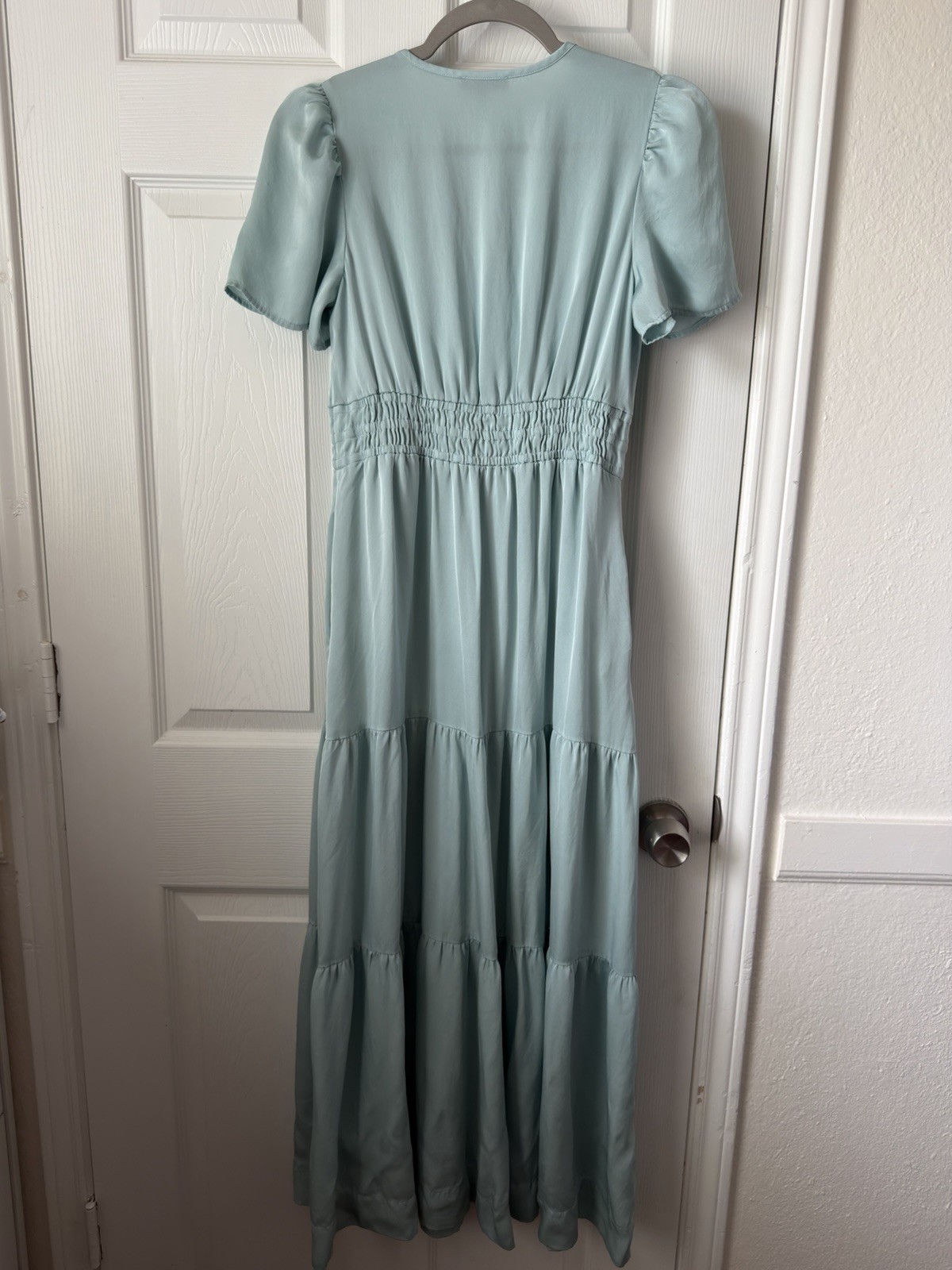 Quince Washable Stretch Silk Tiered Maxi Dress Aqua Pearl XS Puff Sleeve