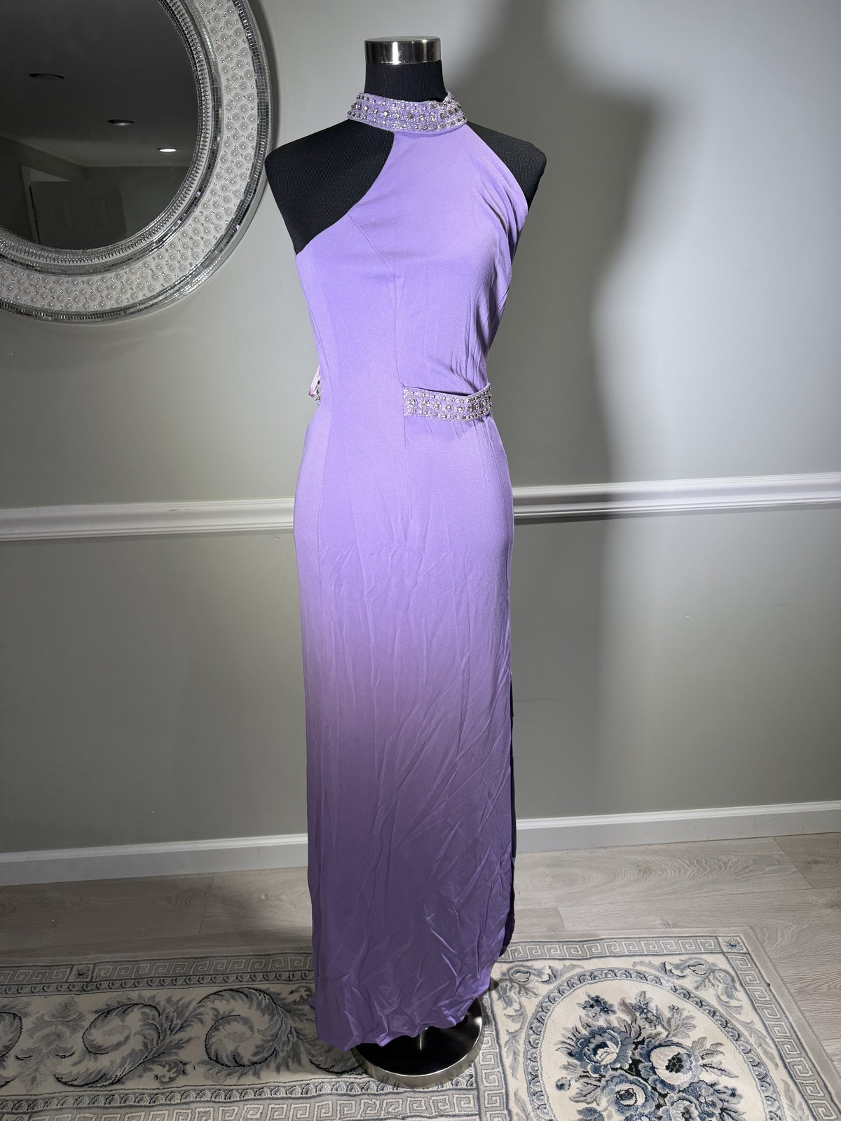 Lavender Purple Ombre Rhinestone Embellished Sleeveless Maxi Gown Size 8