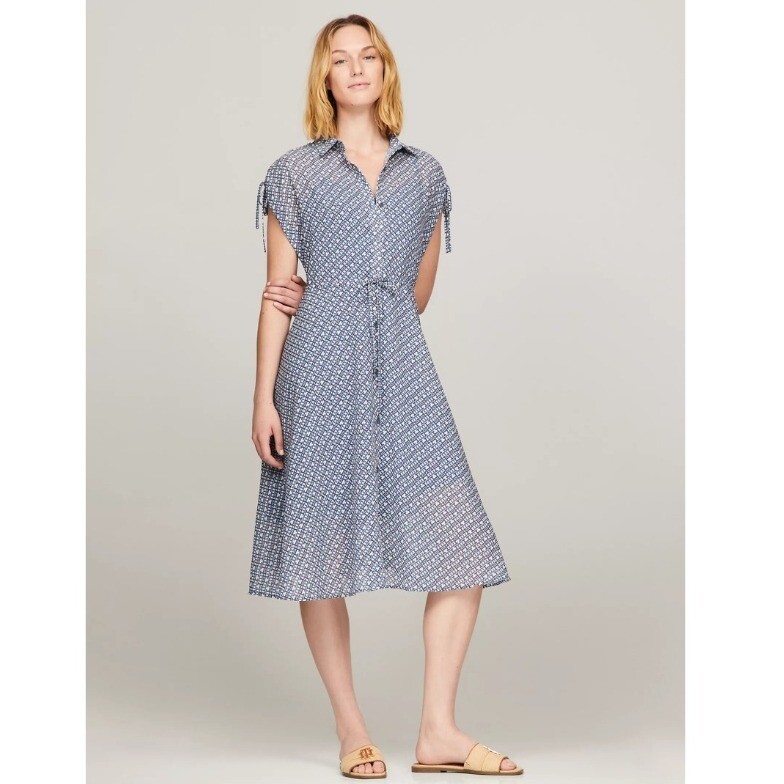 Tommy Hilfiger Dress Monogram Chiffon Midi NWT Womens XS Short Sleeve Blue