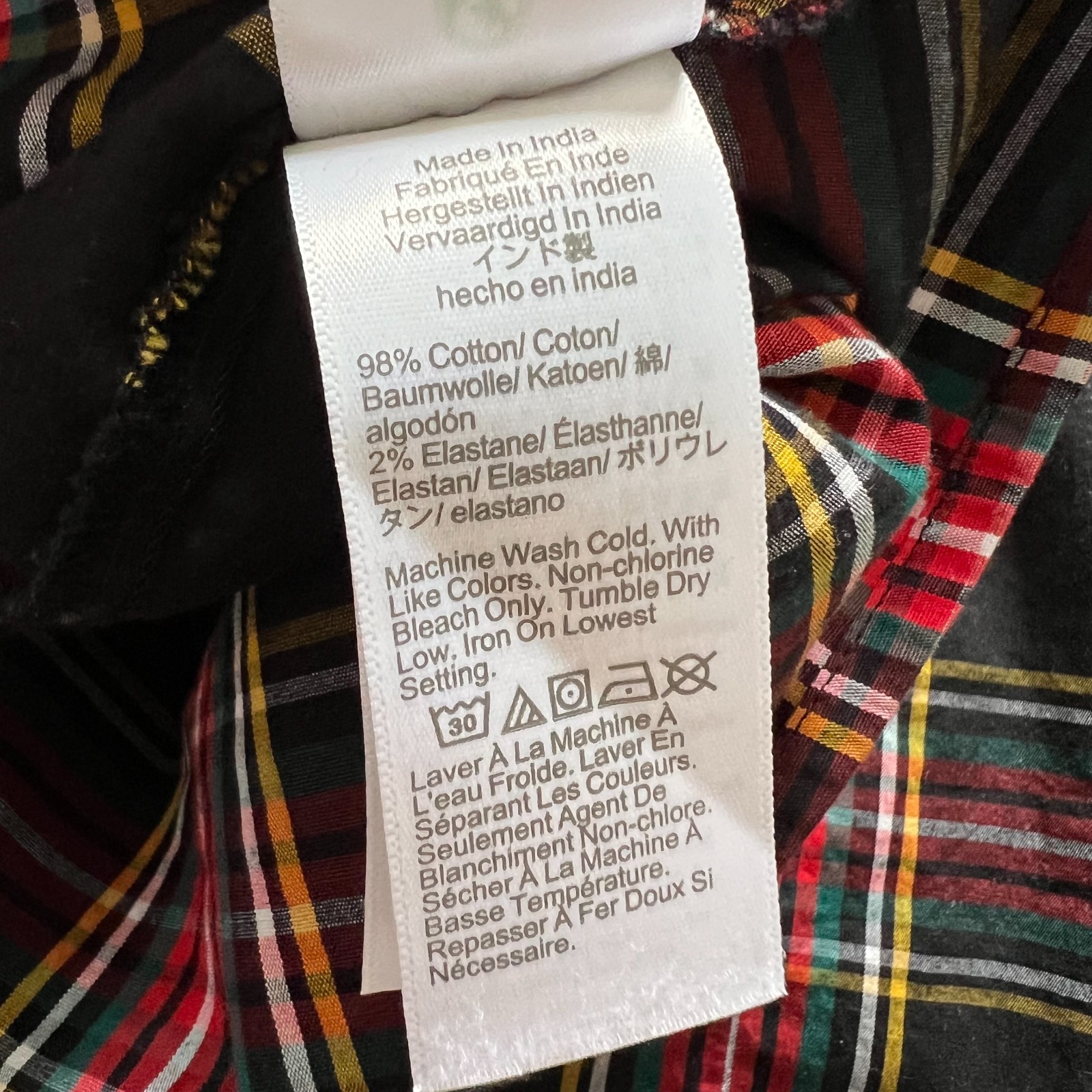 J Crew dress long sleeve black red tartan smocked womens Medium midi cotton