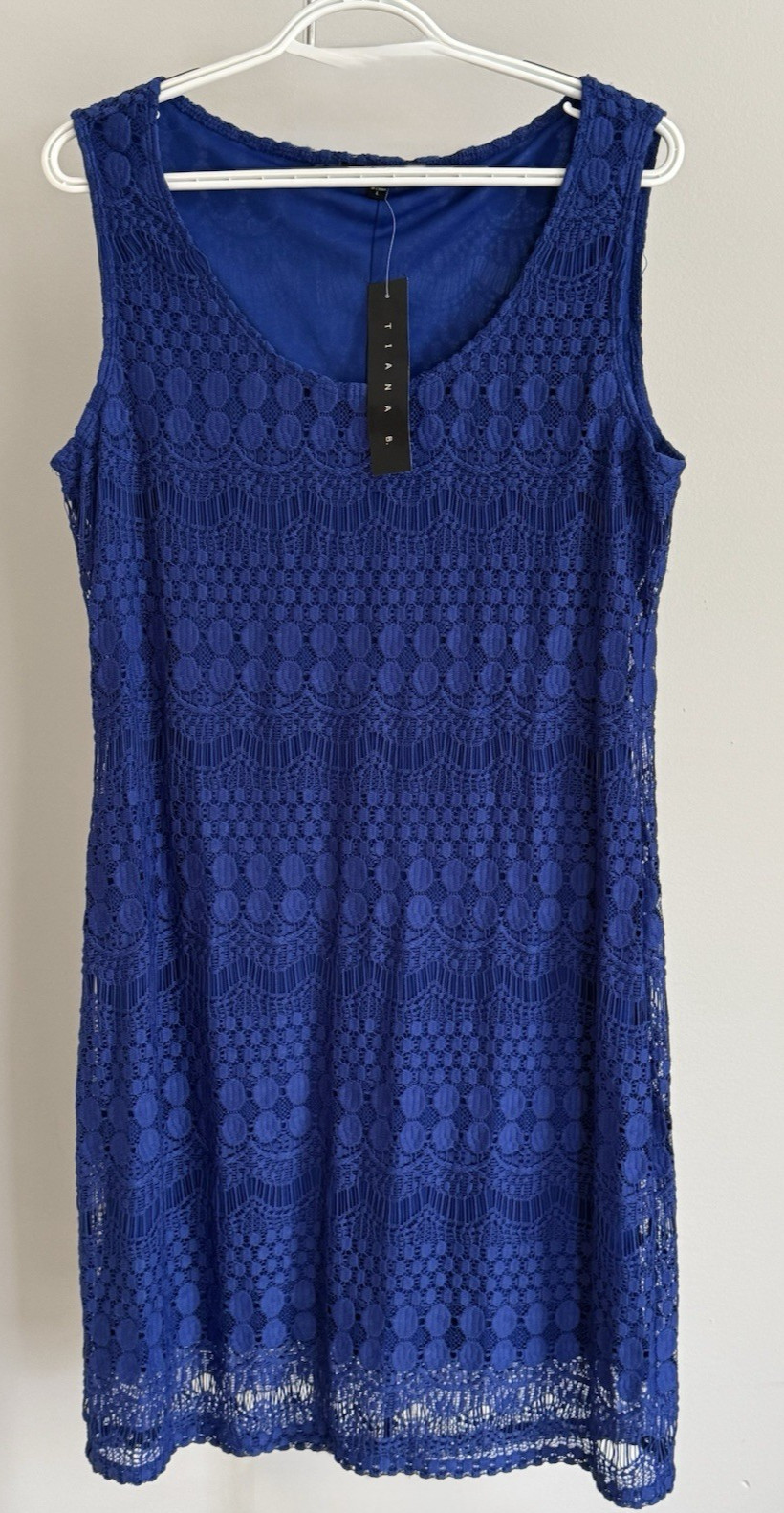 NWT Tiana B Lace Blue Overlay Women’s Sleeveless Below Knee Dress Size Large
