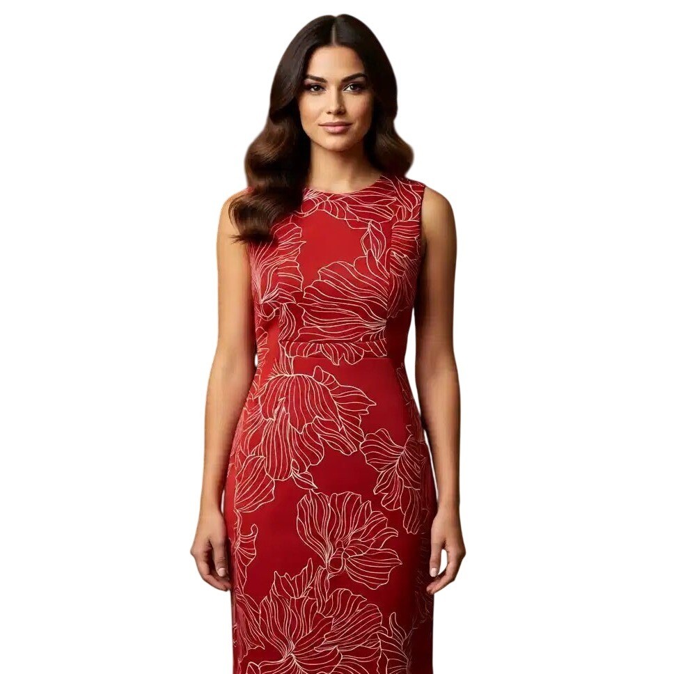 Calvin Klein Floral Sleeveles Sheath Dress Gold Back Zip Below Knee Length 6 Nwt