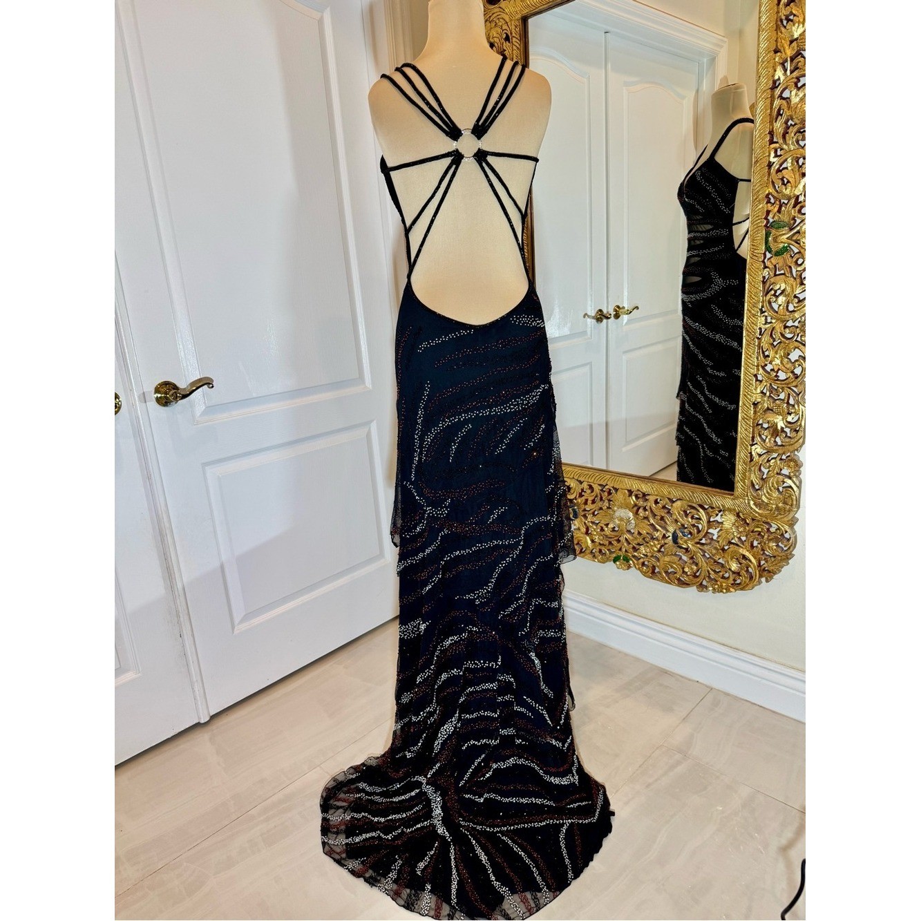 Black intricately hand beaded Sequin Mesh Maxi Dress with Double Straps stretch