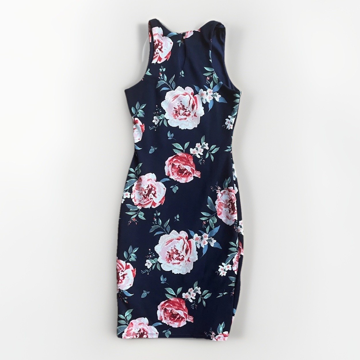 Dresscode LA Navy Floral Dress Rose Print Sleeveless Midi Mad Men–Inspired