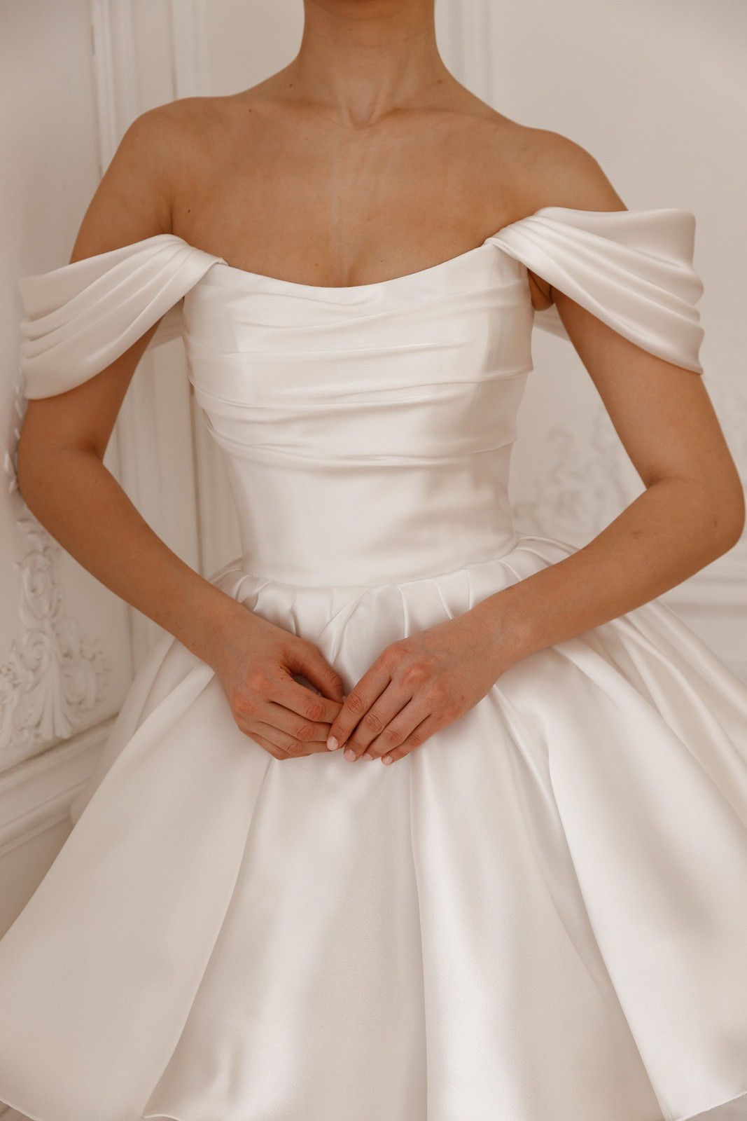 Off Shoulder Draped Mini Dress Pleated Bodice Ruffle Hem Wedding Party GownWhite