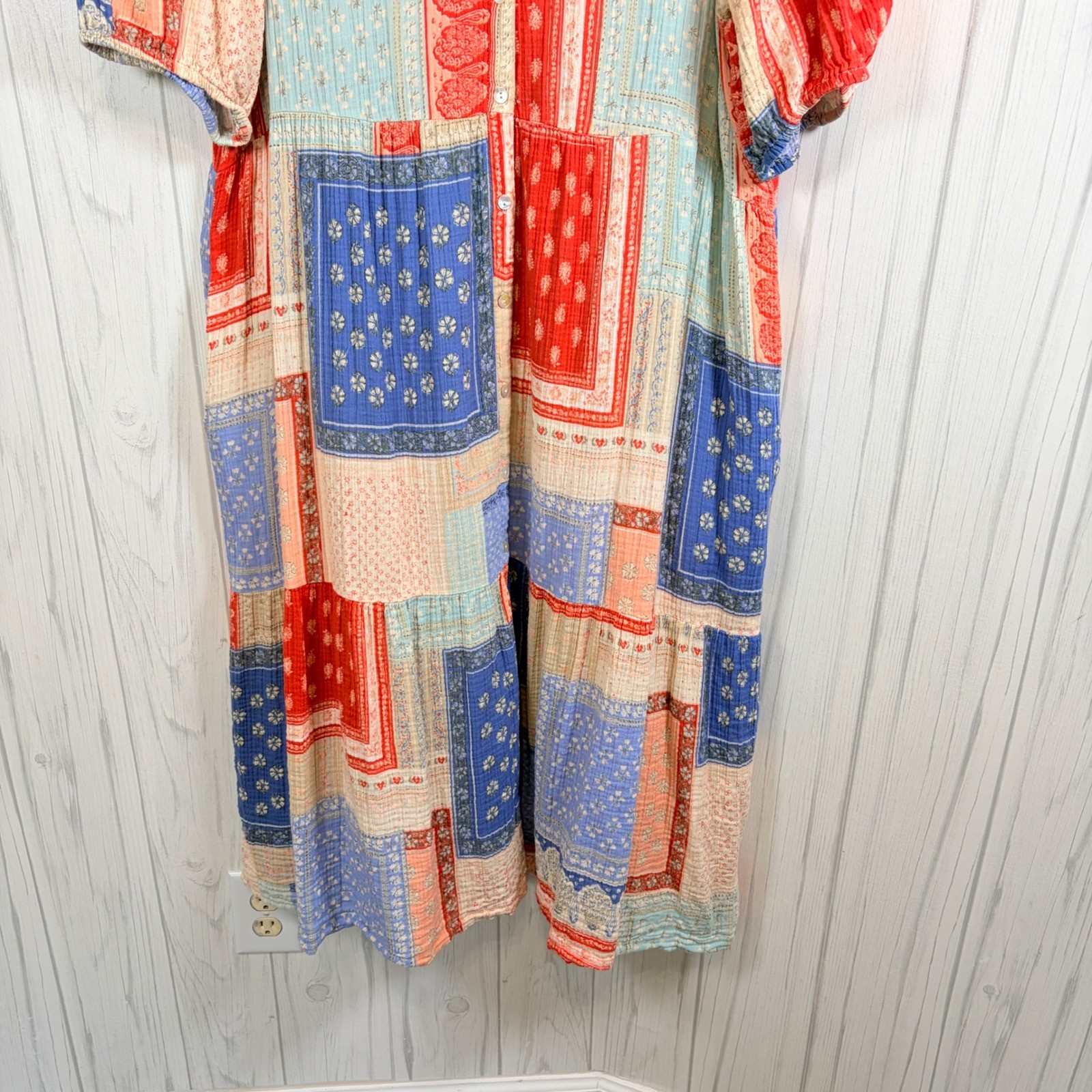WONDERLY Boho Patchwork Print Cotton Gauze Button-Front Midi Shirt Dress, XL