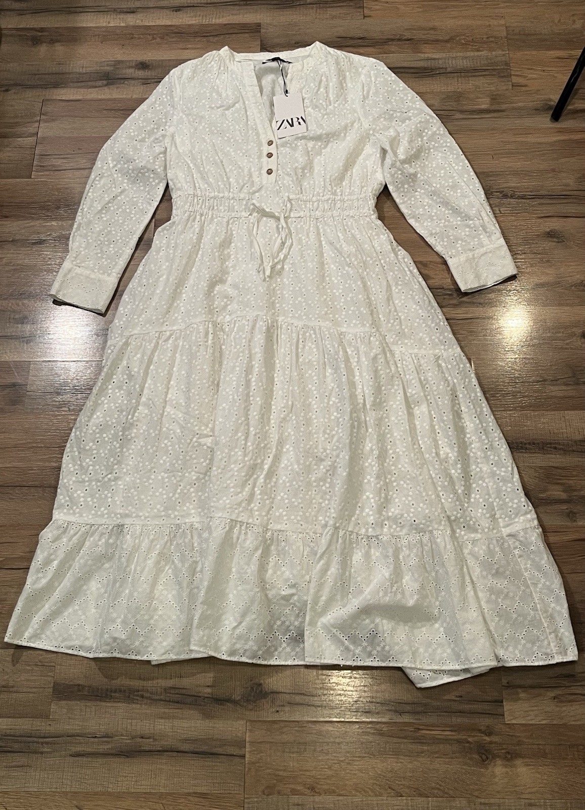Zara Oyster White Combined Perforated Embroidery Midi Dress Size XL Hols Blogger