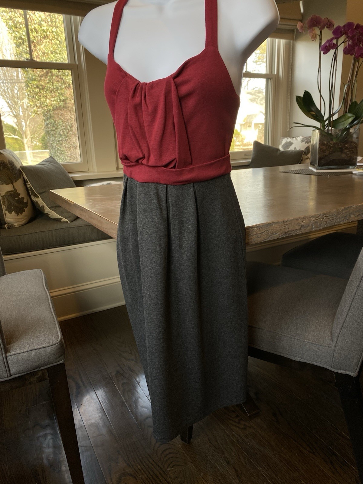 Ella Moss Dress Size Medium Burgundy & Gray Colorblock Front Twist Ruffle Detail