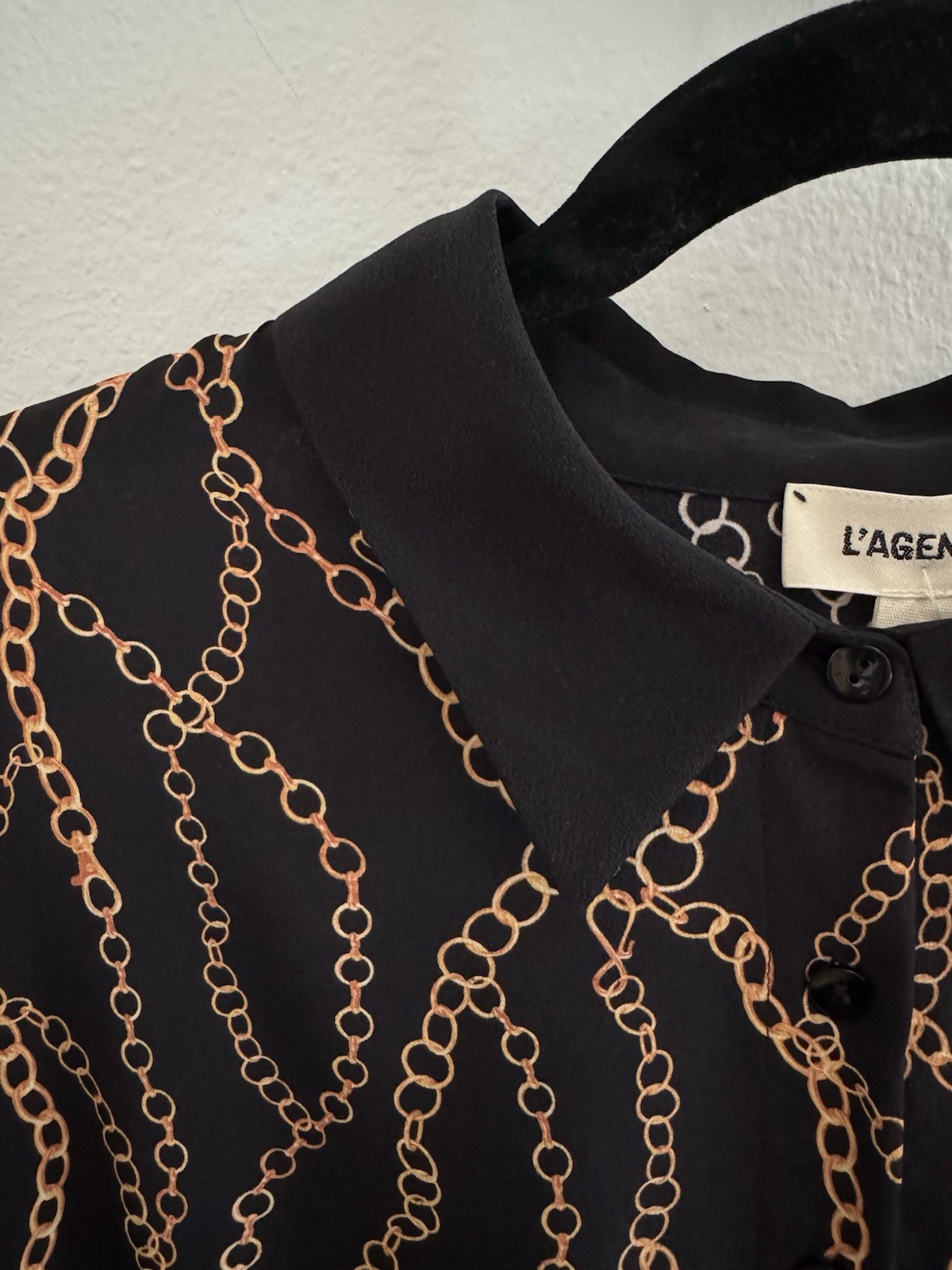 L’AGENCE Black/Gold Chain Print Silk Collared Long Sleeve Shirt Dress Size 6