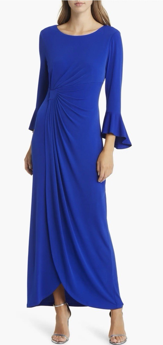 Connected Apparel Bell Sleeve Gathered Waist Gown Sz 6 Deep Cobalt Blue