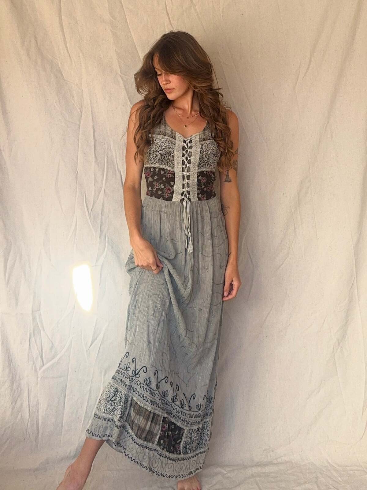 90s Grey Patchwork Whimsigoth Embroidered Fairy Maxi Dress