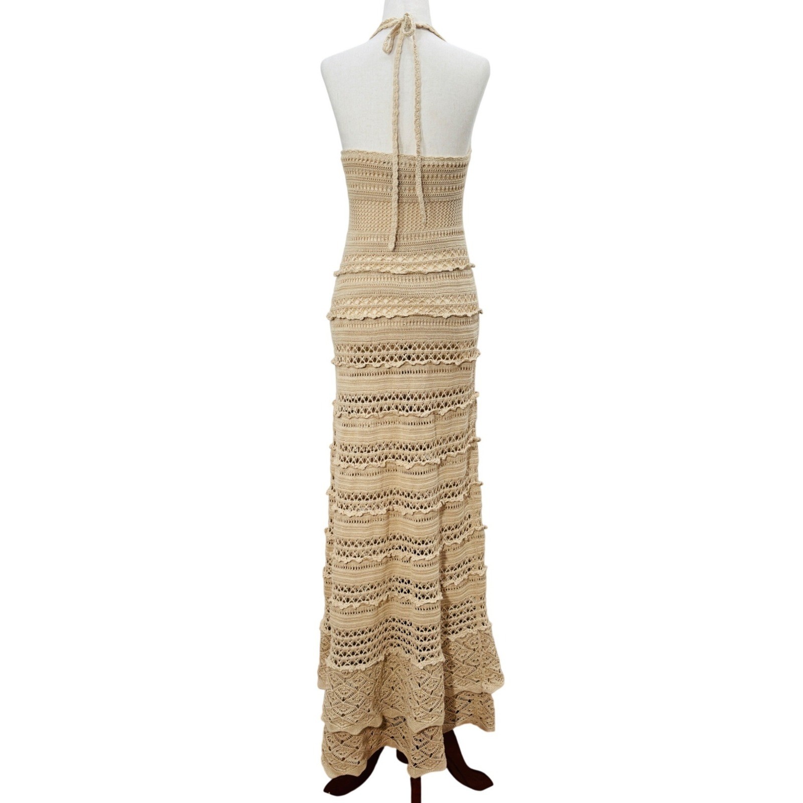 Moda International Crochet Maxi Dress Halter Open Knit Boho Festival Beach VTG