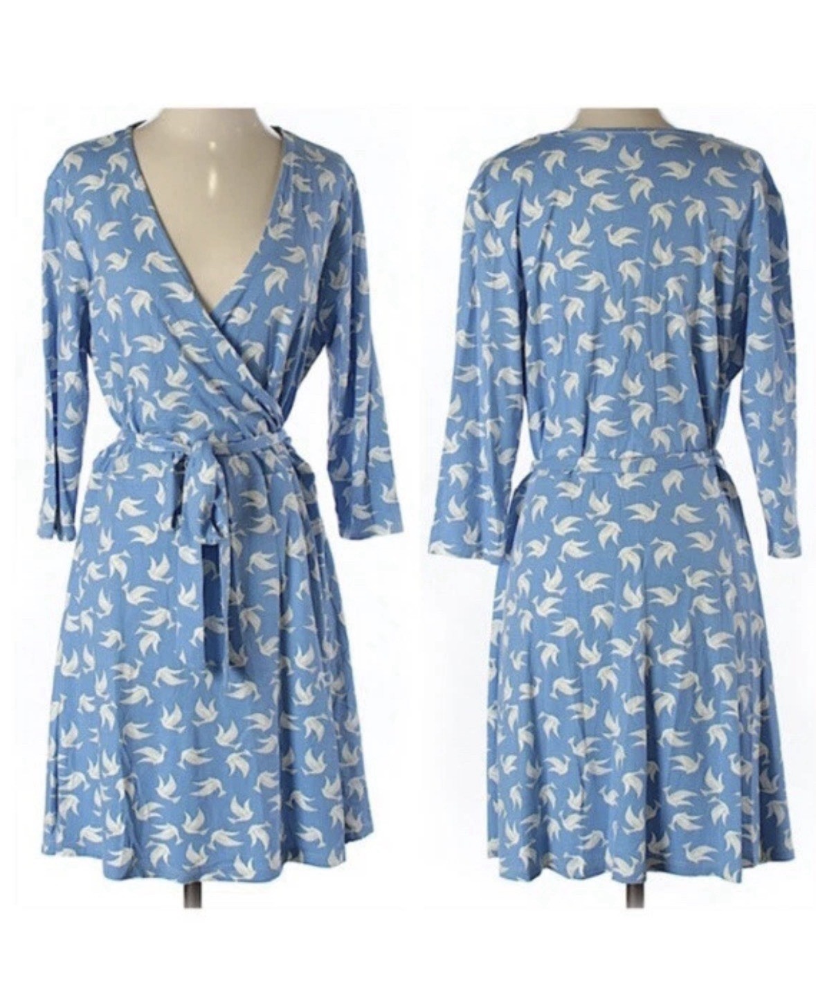 Soft Surroundings M Faux Wrap Dress Blue Dove Bird Print Jersey Knit w/ Belt