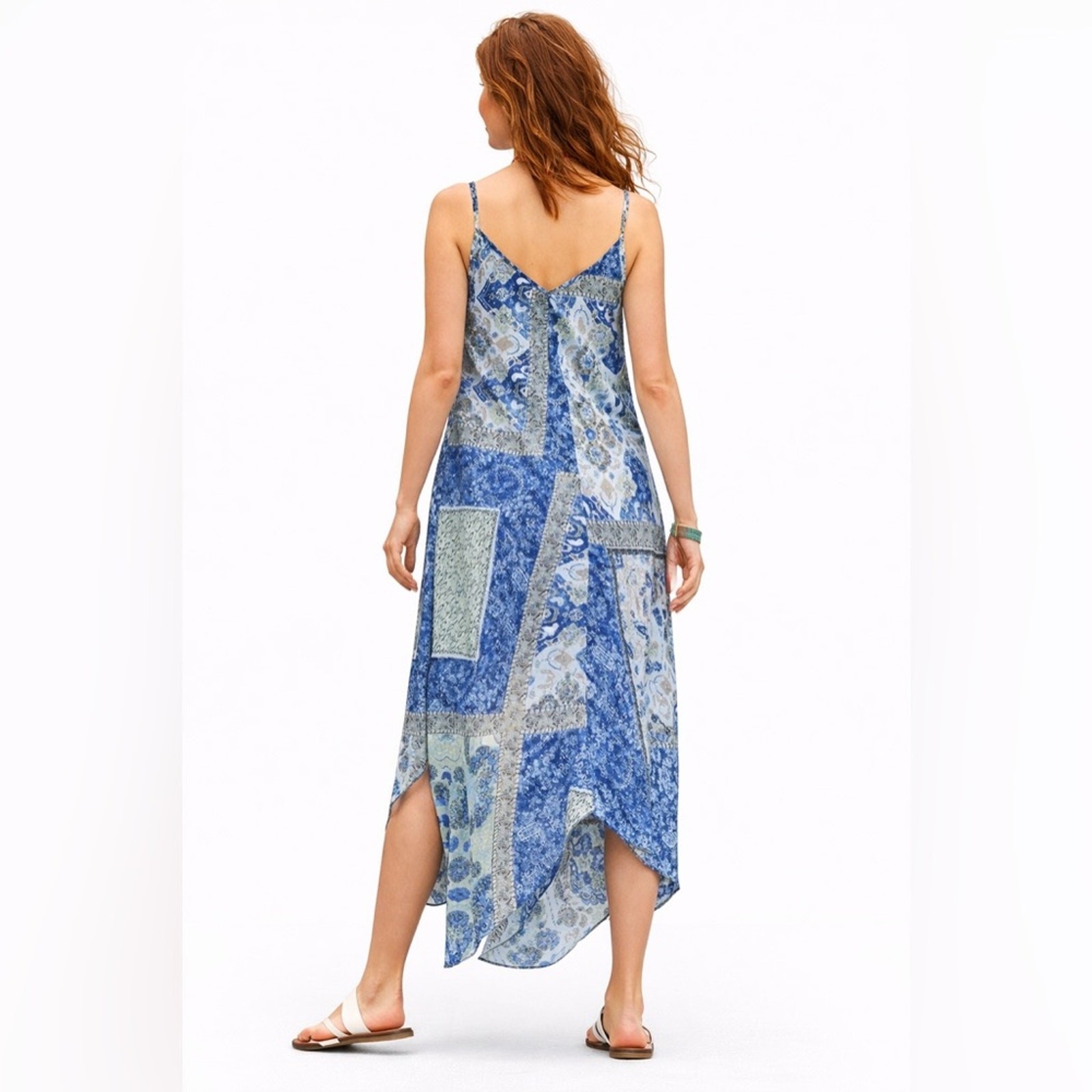 Organic Viscose Boho Patchwork Dress L/XL Flowy High Low Hem Adjustable Straps