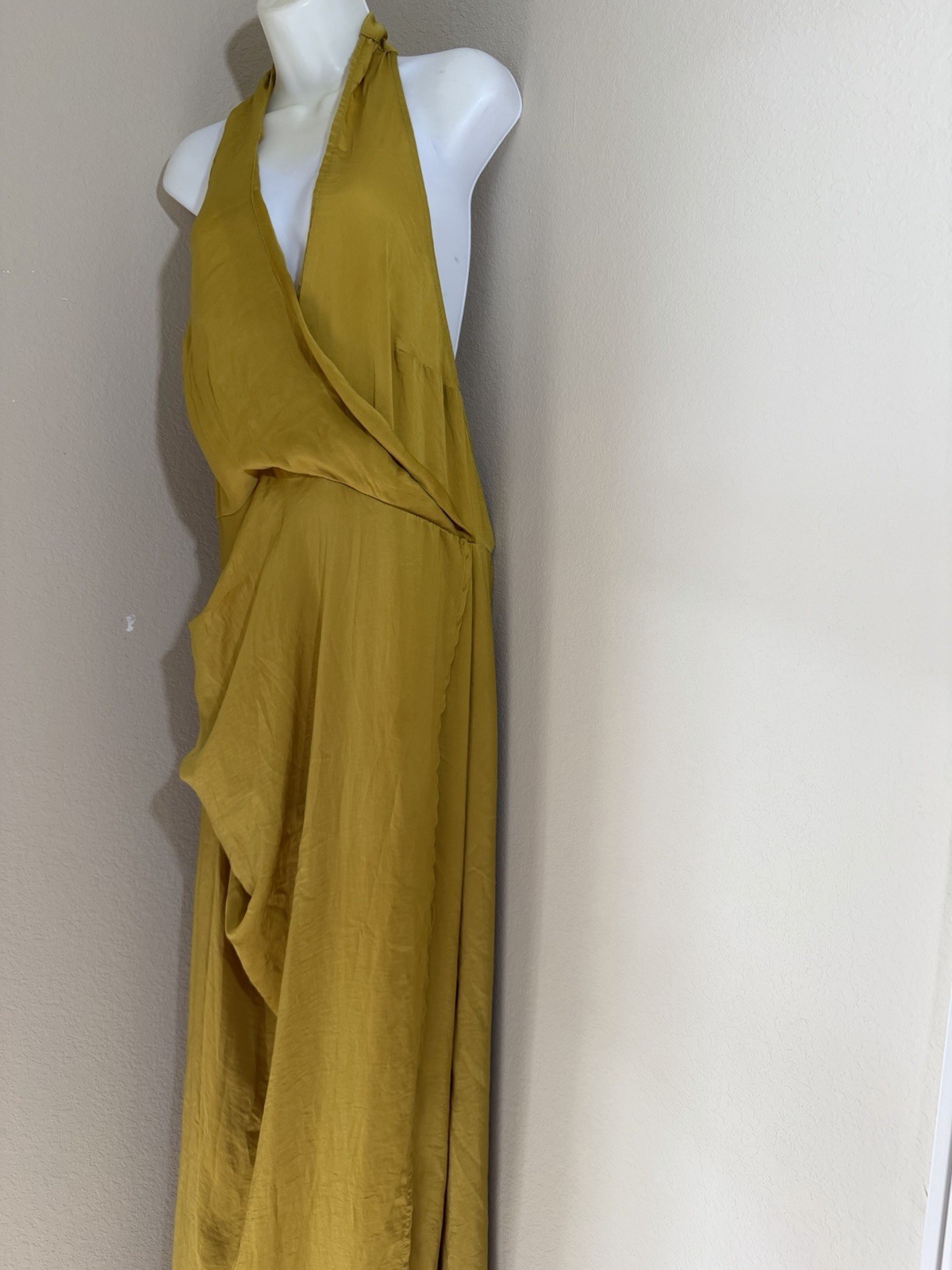 PrettyLittleThing Mustard Yellow Satin Halterneck Backless Maxi Dress Size 12