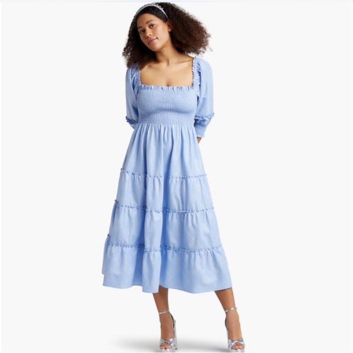 Hill House Home Nesli Nap Midi Dress in light blue metallic shimmer fabric