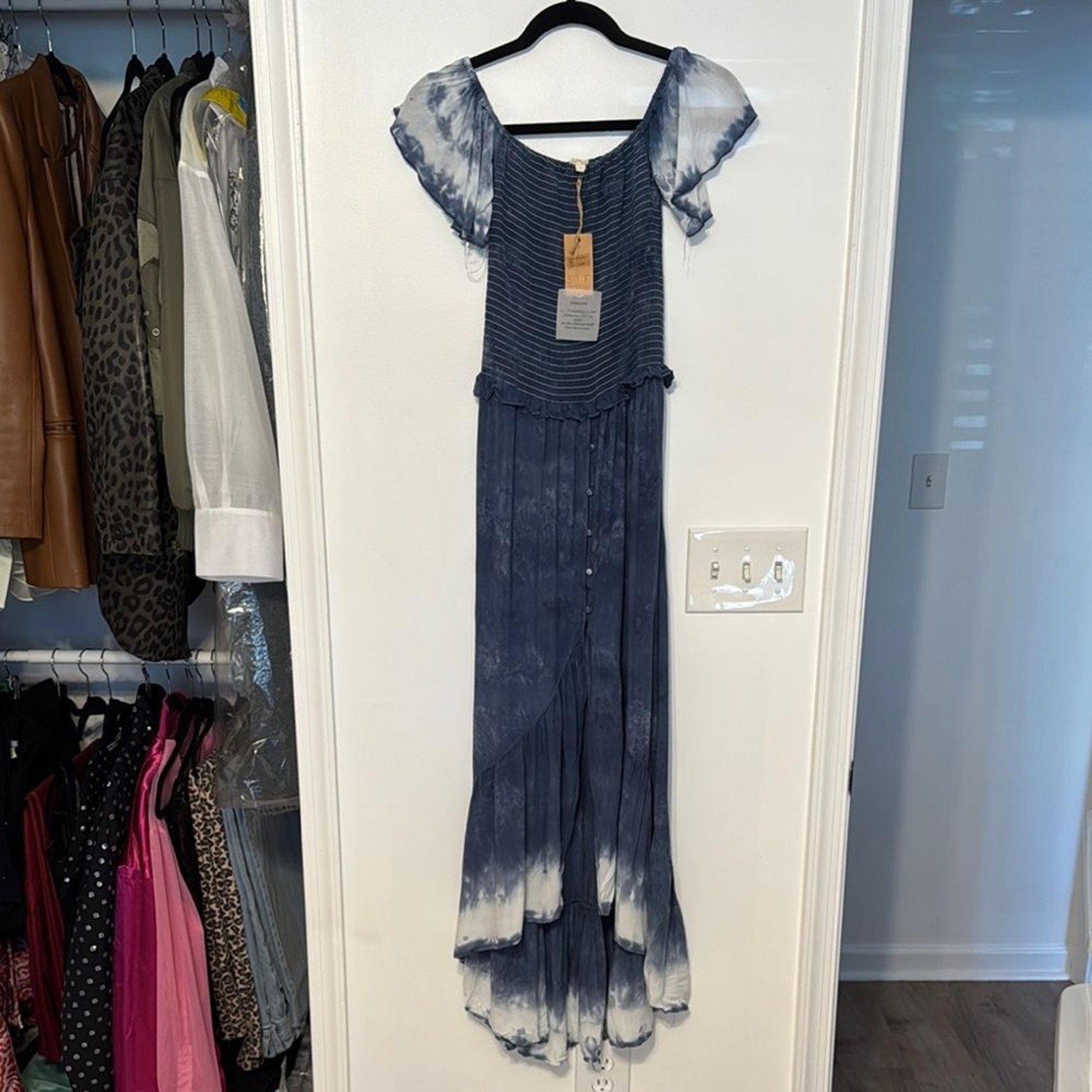 Surf Gypsy Blue Tie Dye Smock Top High-Low Maxi Dress with Flutter Sleeve