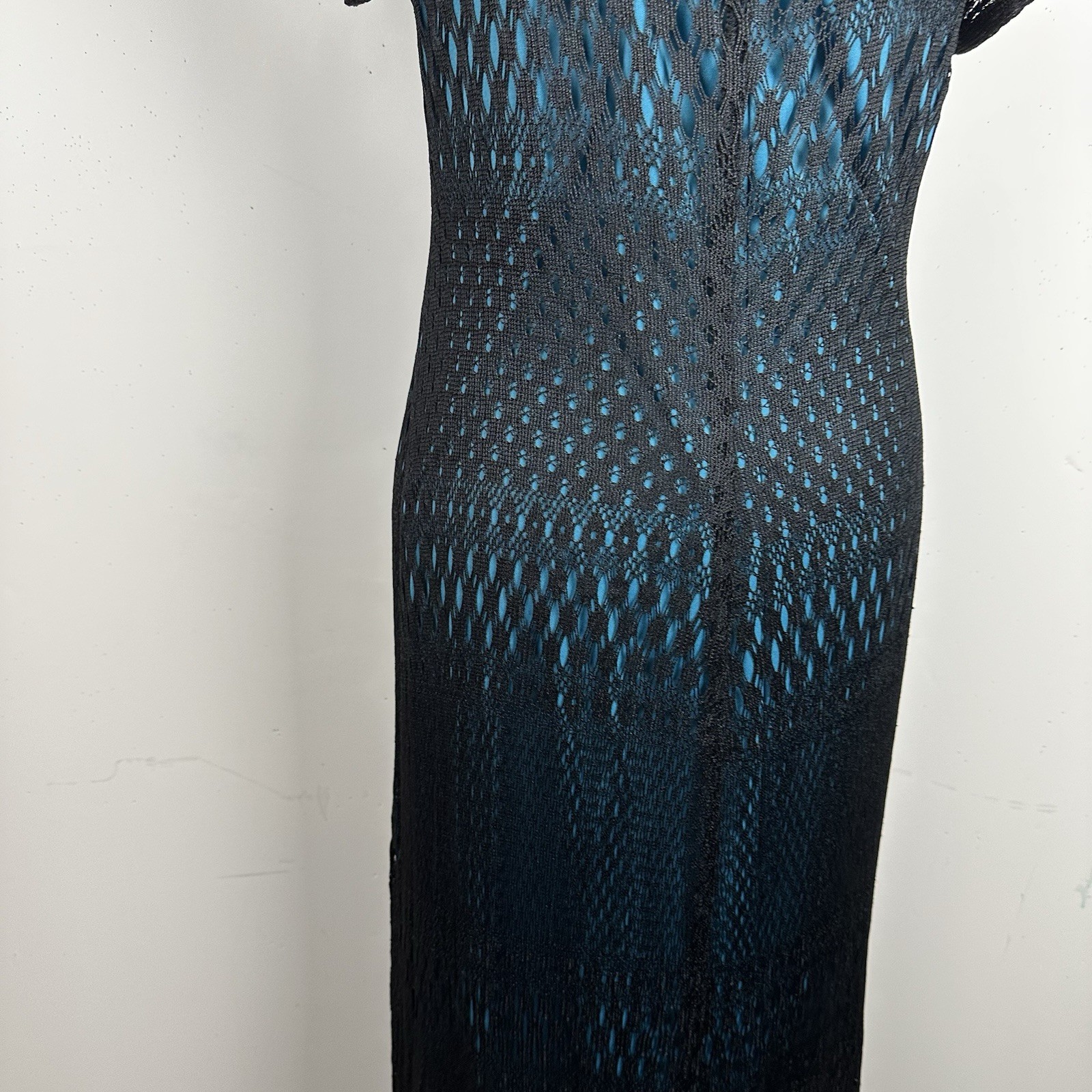 Vtg Maxi Dress Black Crochet Blue Lined 90s Y2K Whimsigoth Fairy Grunge Boho L