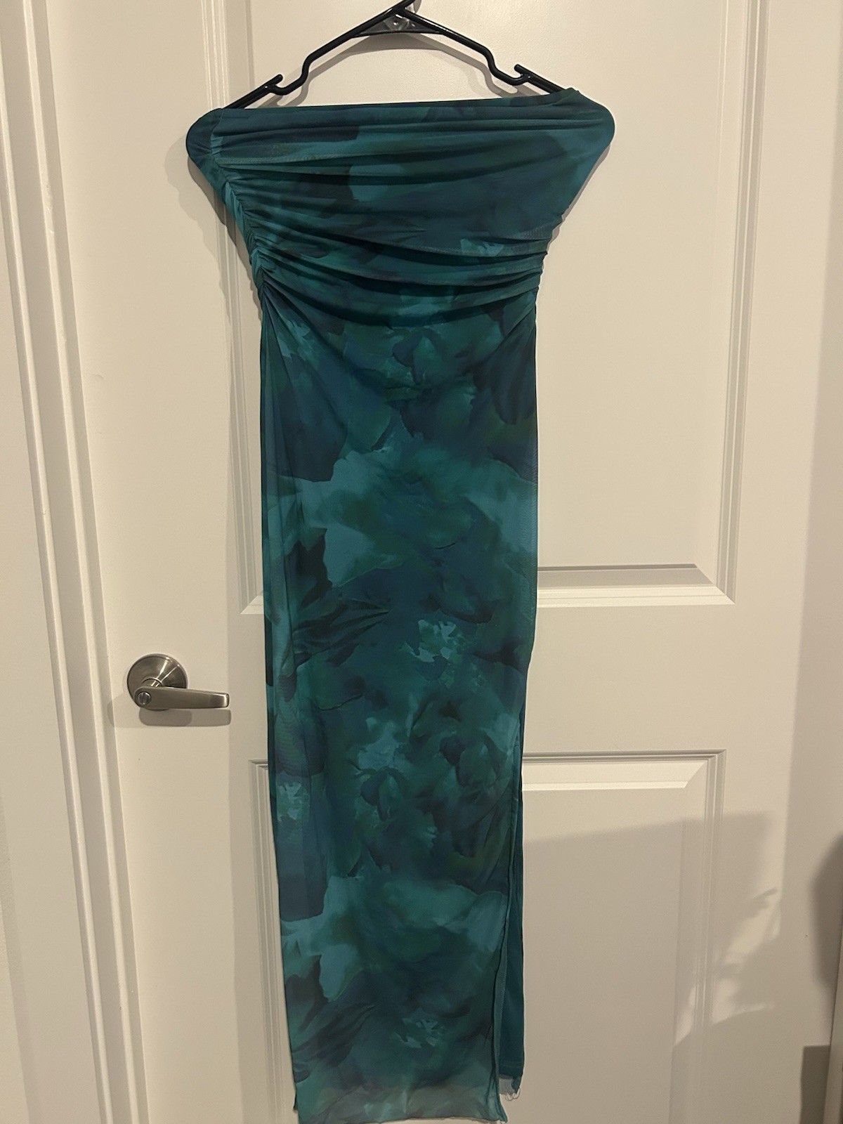 SHEIN XS Strapless Ruched Mesh Maxi Dress Blue Green Floral Stretch