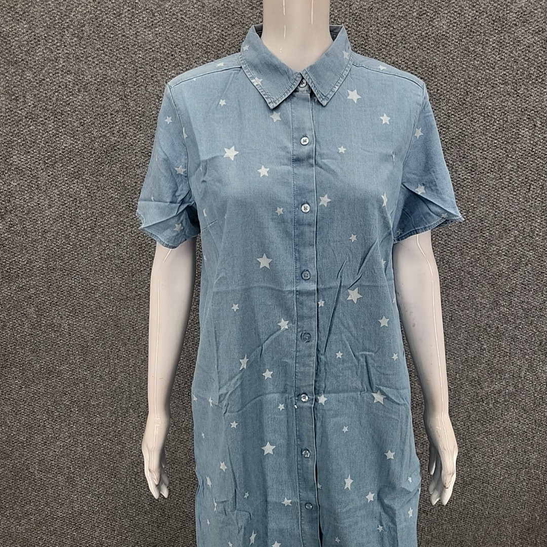 Denim Co Stretch Lyocell Star Printed Short Sleeves Shirt Dress Small Size Blue