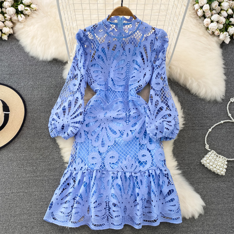 Women Puff Long Sleeve Ruffle Lace Midi Dress Hollow Out Retro Elegant New Dress
