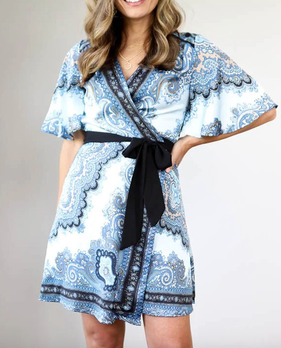 Karen Millen Scarf Print Wrap Mini Dress Hammered Satin Flutter Sleeve NWT US 8P