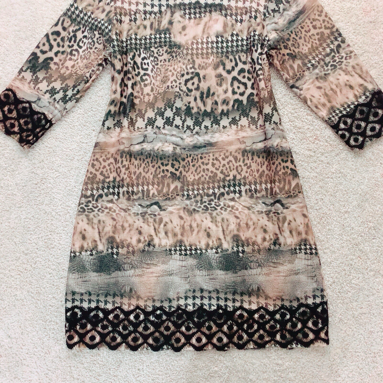 AMOR DE CUBA Black Brown Gold Metallic Lace Animal 3/4 Sleeve Dress L NWT