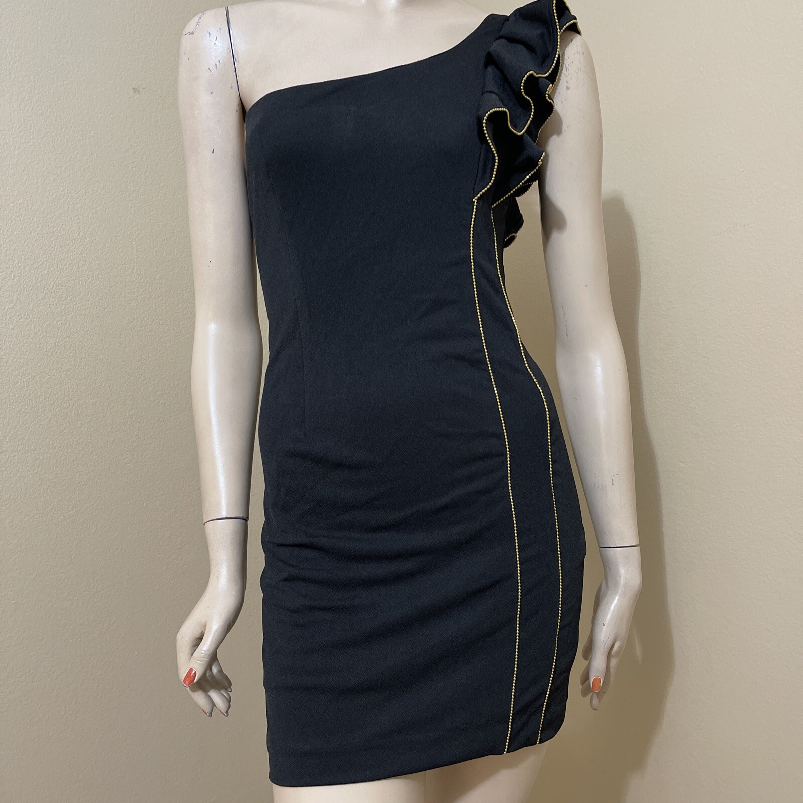 Women Black Polyester Party Stretch Slim Asymmetric Lined Beads Zip Size S Dress