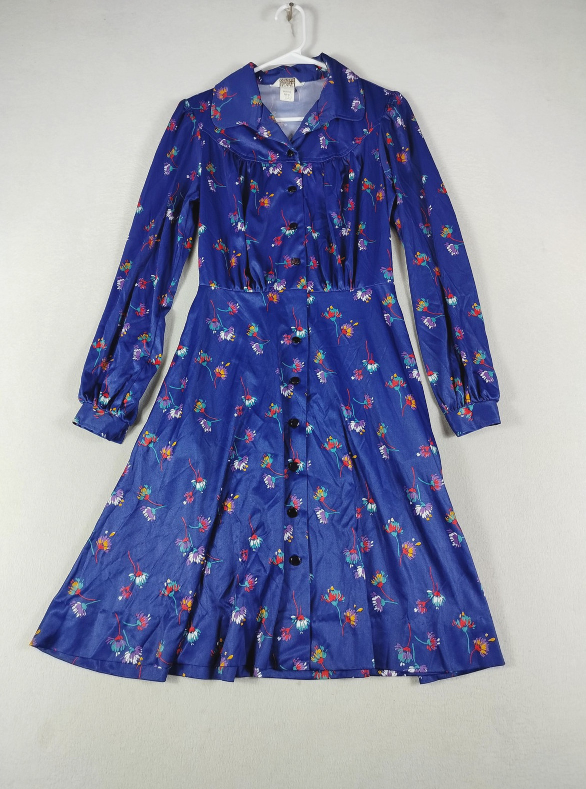 Vintage Montgomery Ward Dress Womens 12 Blue Floral Long Sleeve Button Front 70s
