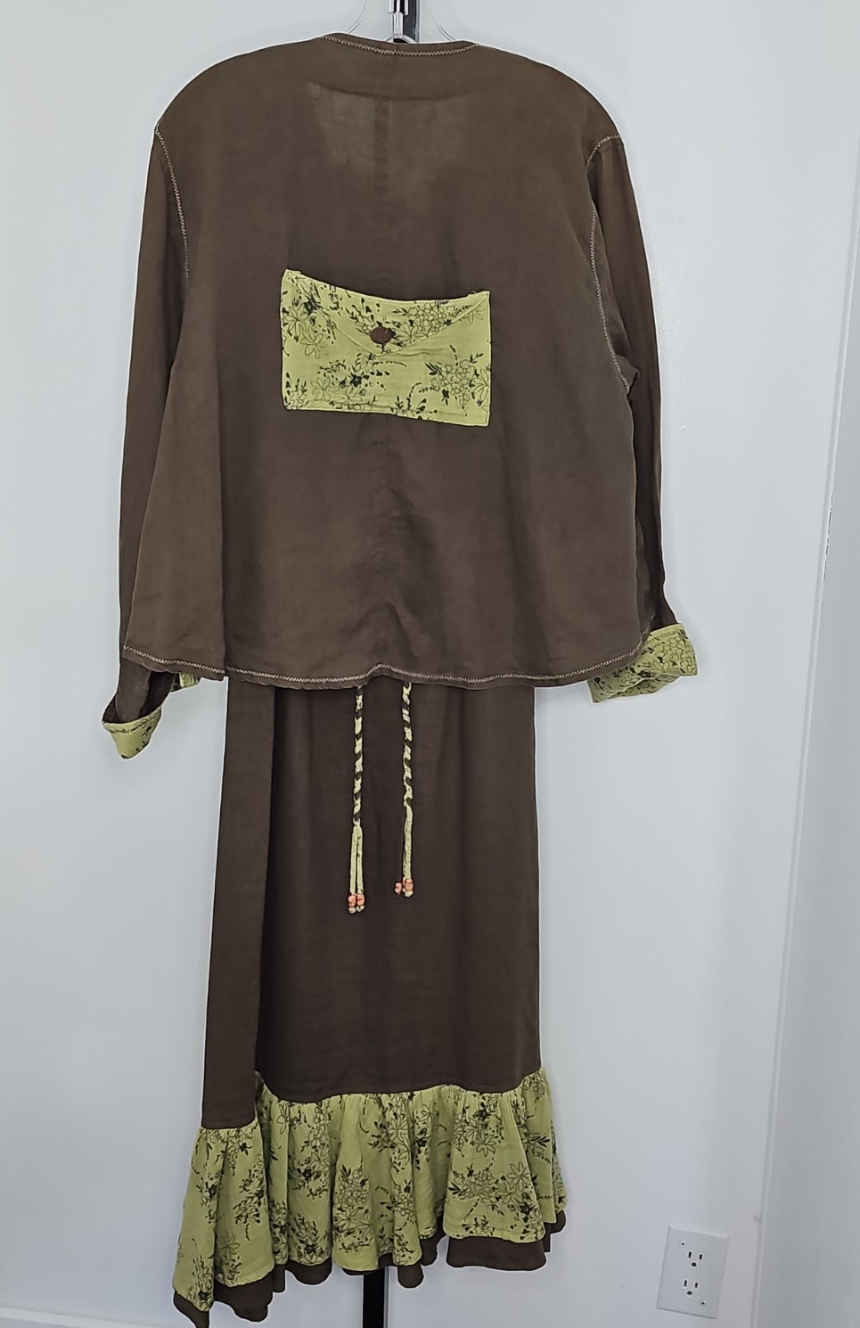 Tera Bora 2 Pc Boho Lagenlook Brown Green Linen Blend Dress Jacket Set T1