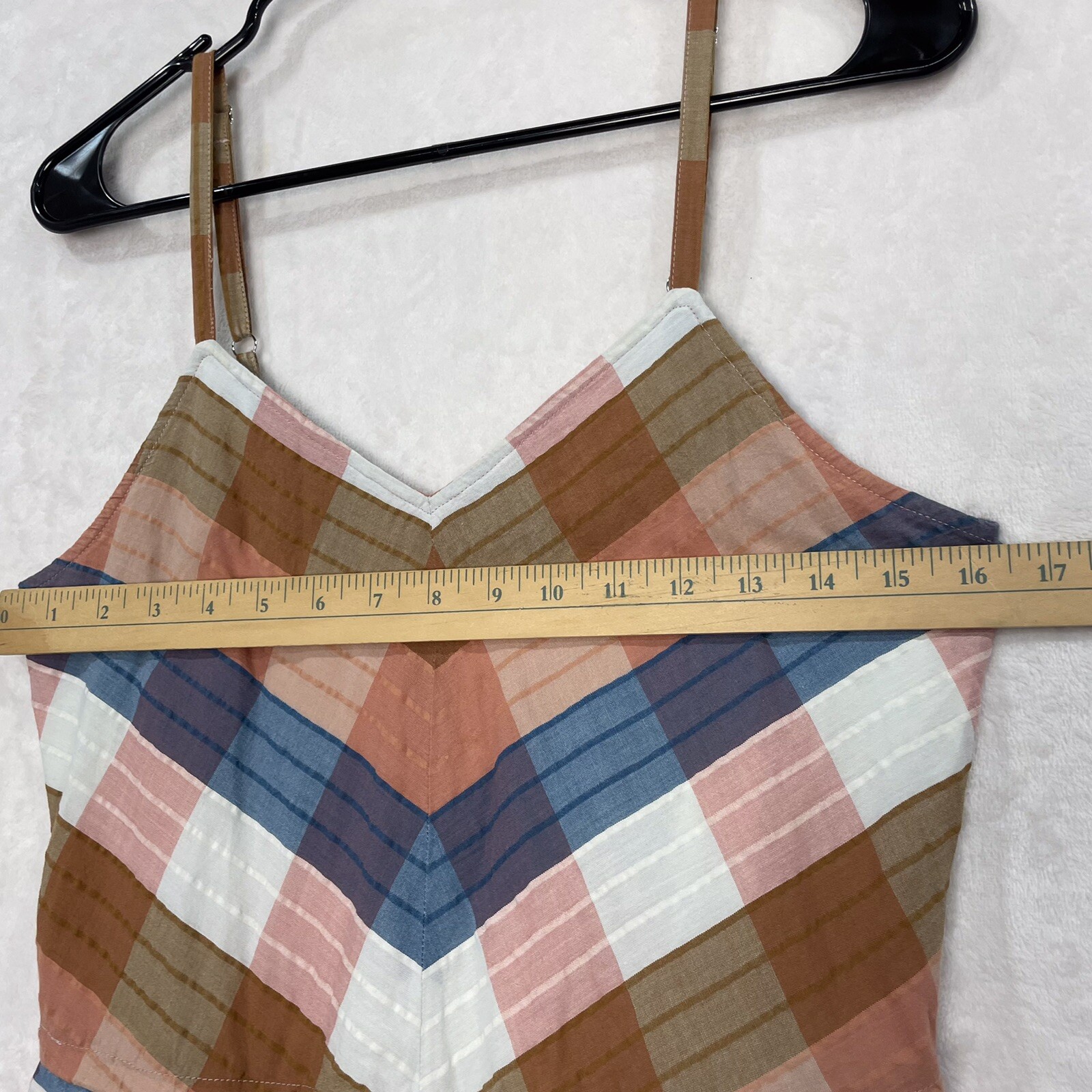 LL Bean Plaid Pleated Strap Dress 4 Small A Line Fit Flare Midi Blue Peach NEW