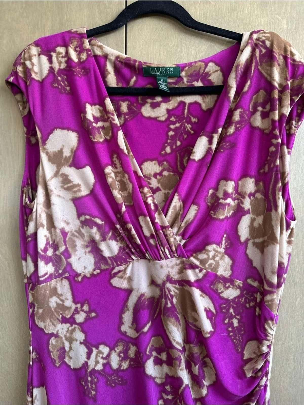 Ralph Lauren Pink Floral Ruched Sheath Dress Size 12 Faux Wrap Office Cocktail