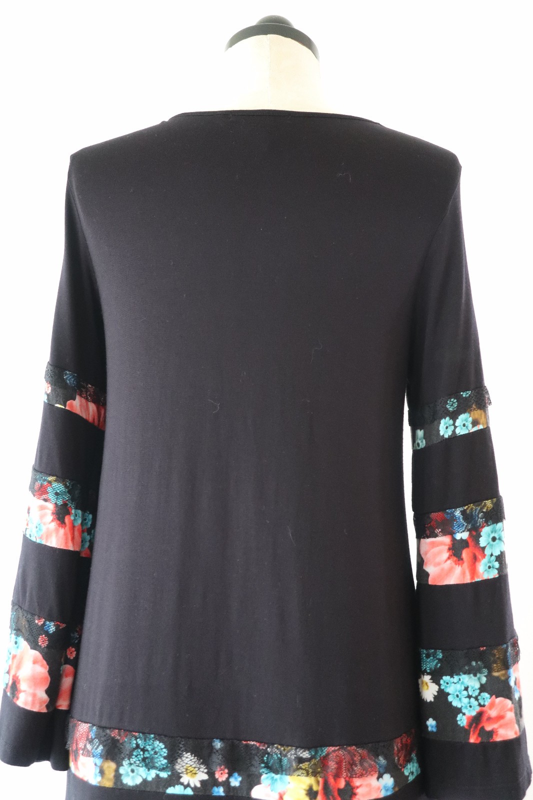 Desigual Black Jersey Colorful Floral Stripes Lace Ruffles Tshirt Dress Women L