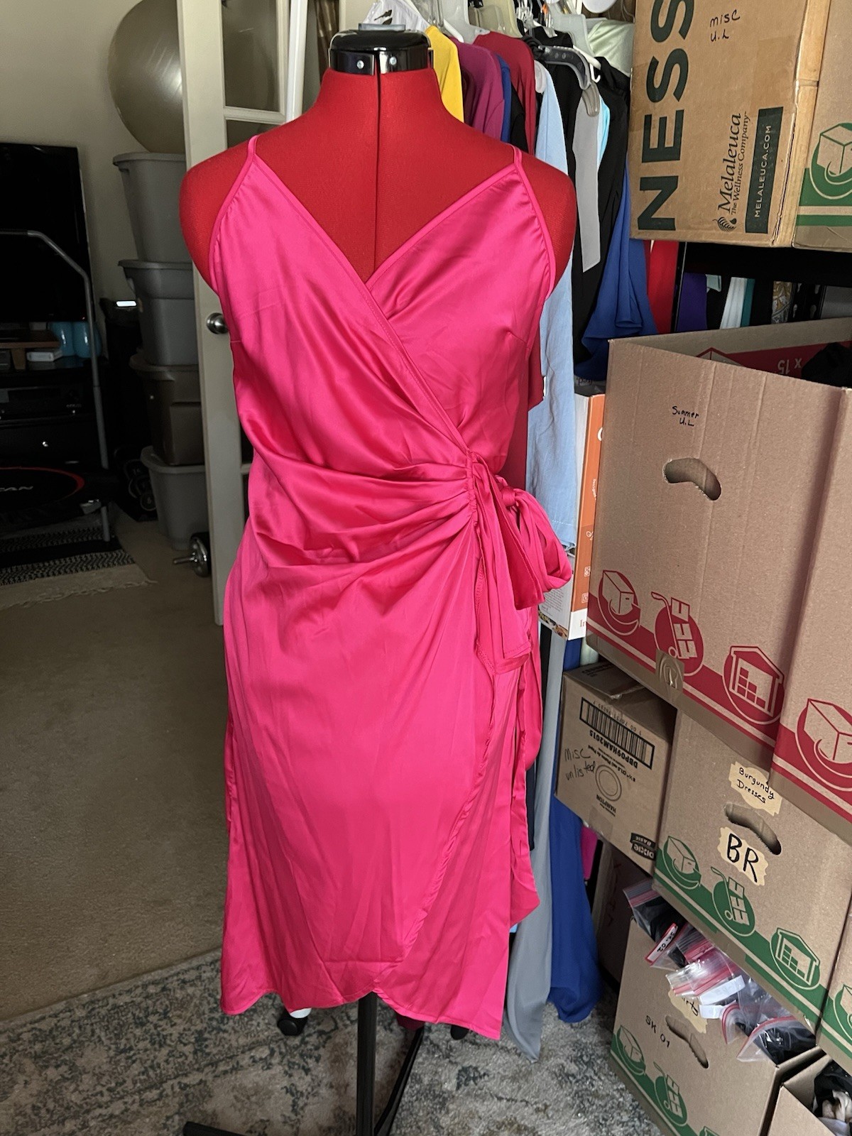 Womens Spaghetti Strap Cross Back Pleated Satin Wrap Dress. Medium