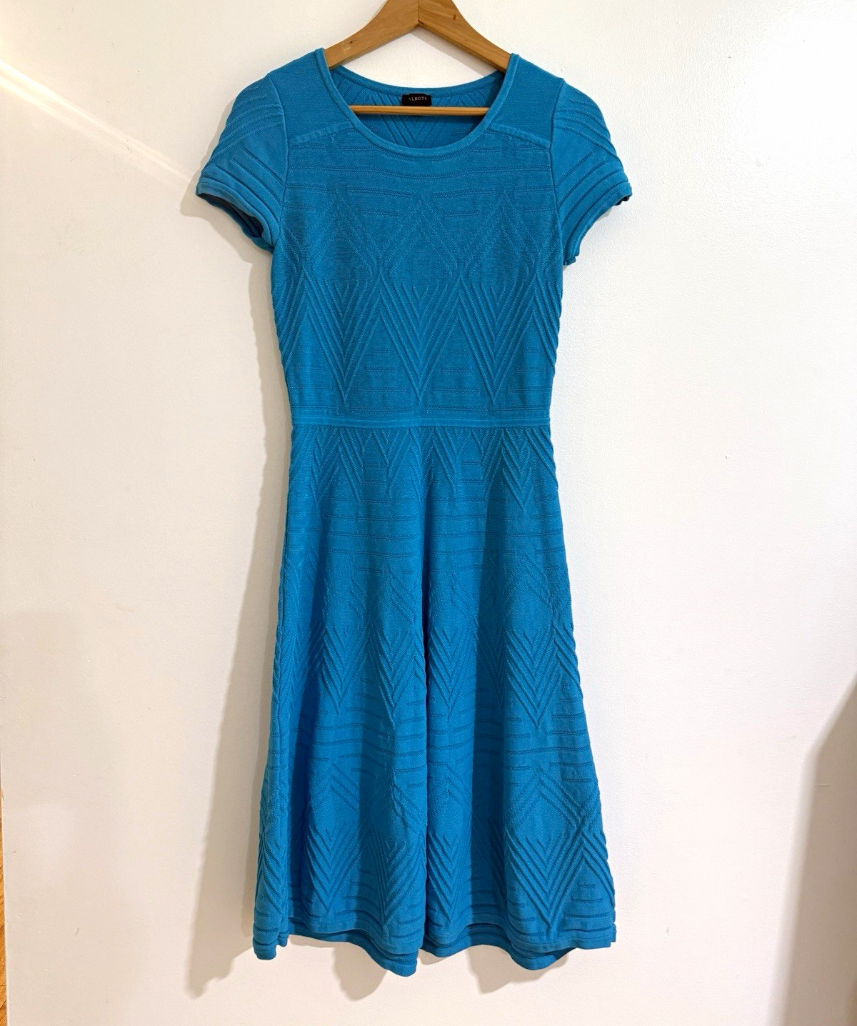Talbots Blue Sweater Dress Size S Short Sleeve Chevron Texture Knit A-Line