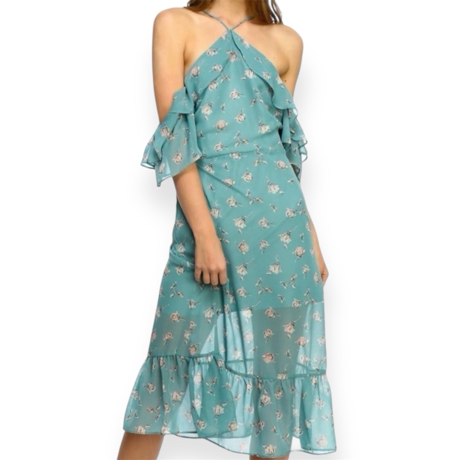 LUMIERE Women’s Sz S Teal Floral Halter Off the shoulder Lined Dress NWT