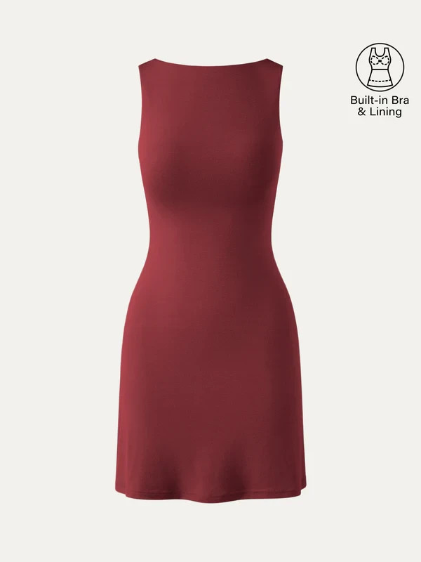 Women’s Open Back Brami Mini Dress Built In Bra Stretch Sleeveless, Orange Flame