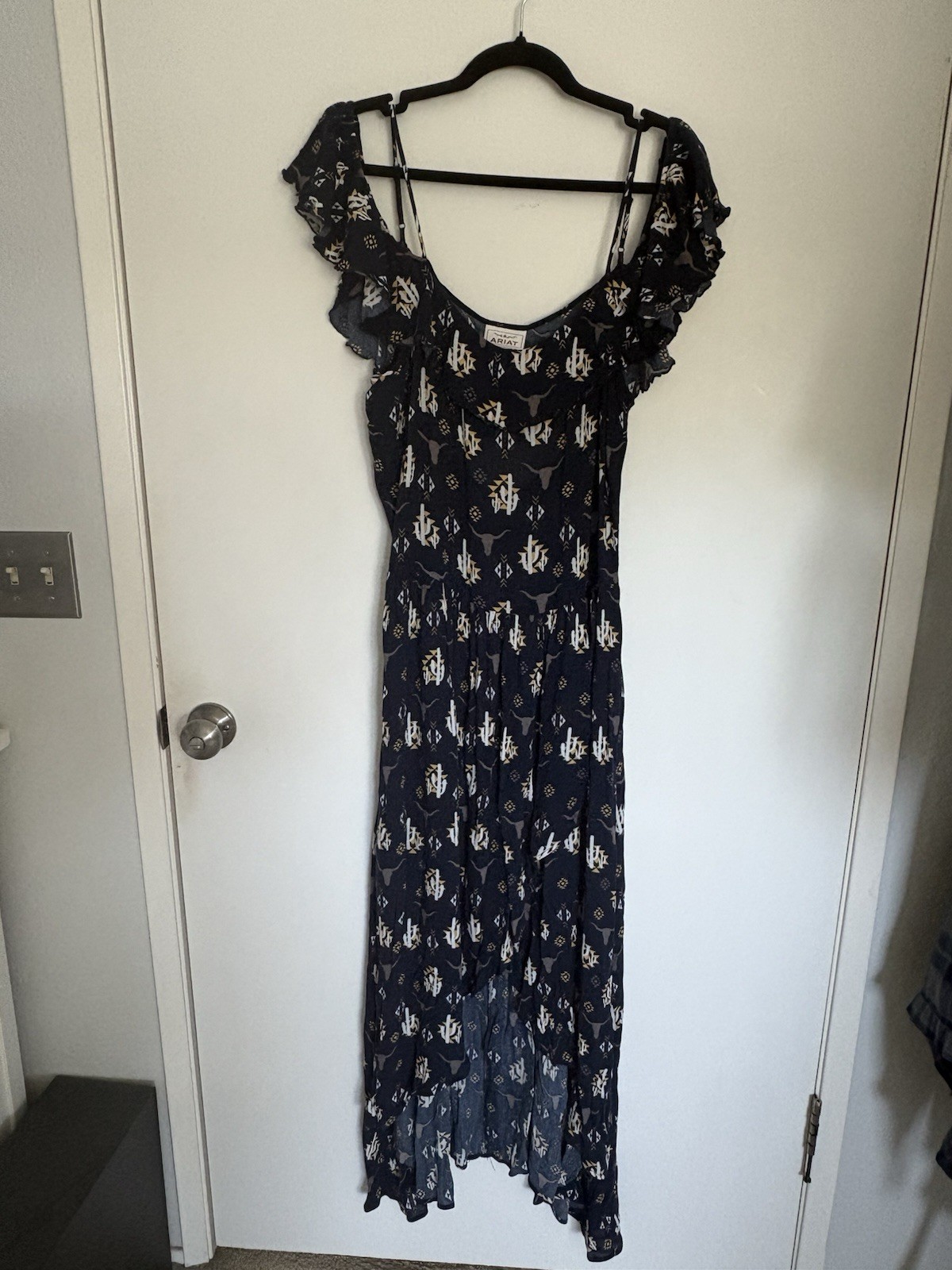 Ariat Western Rodeo Midi Dress Ruffle Hem Peasant Cowgirl Size 12 Blue