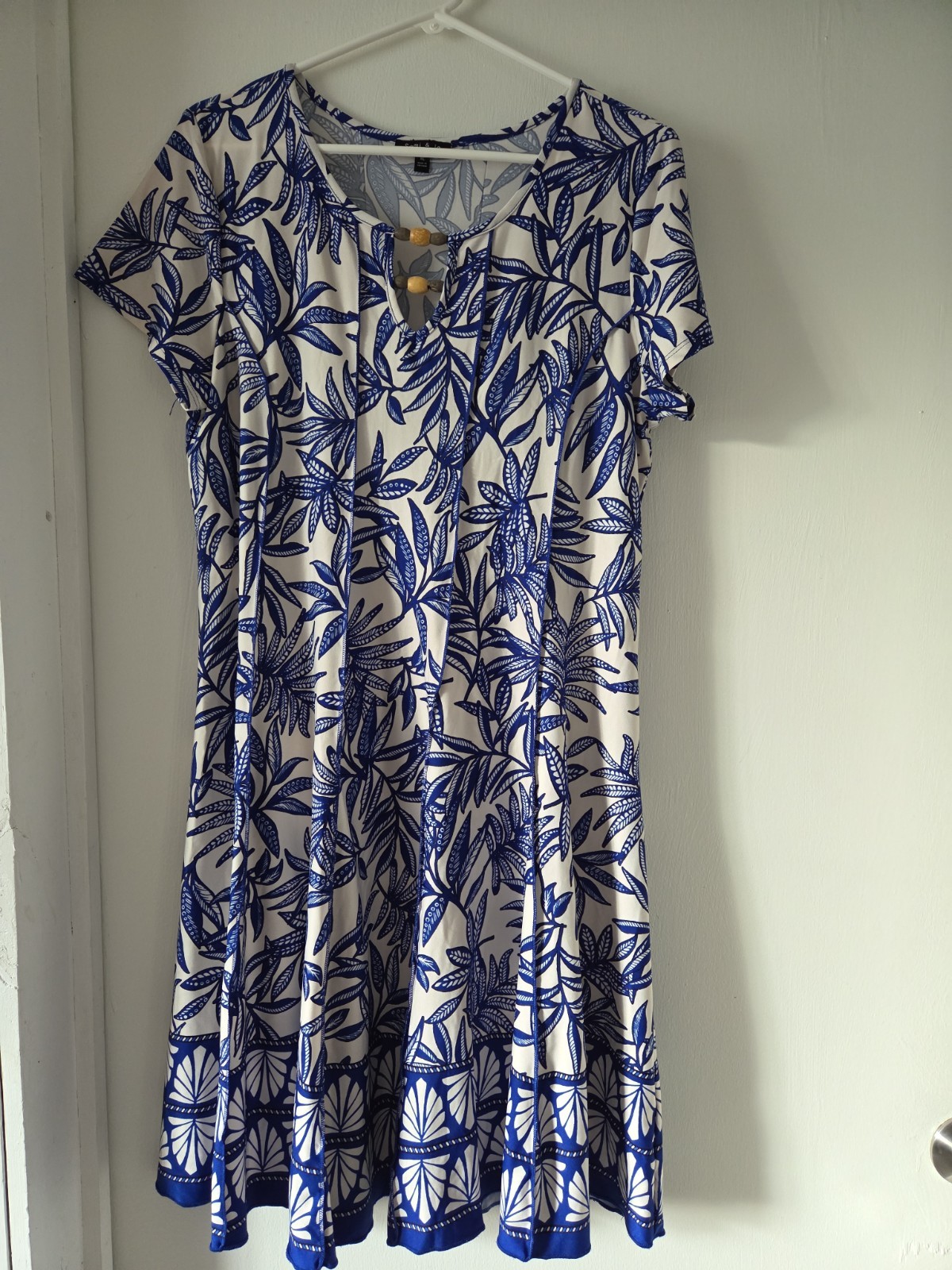 Womens Spring Summer Sami & JO Blue White Palm Leaf Dress Beautiful XL