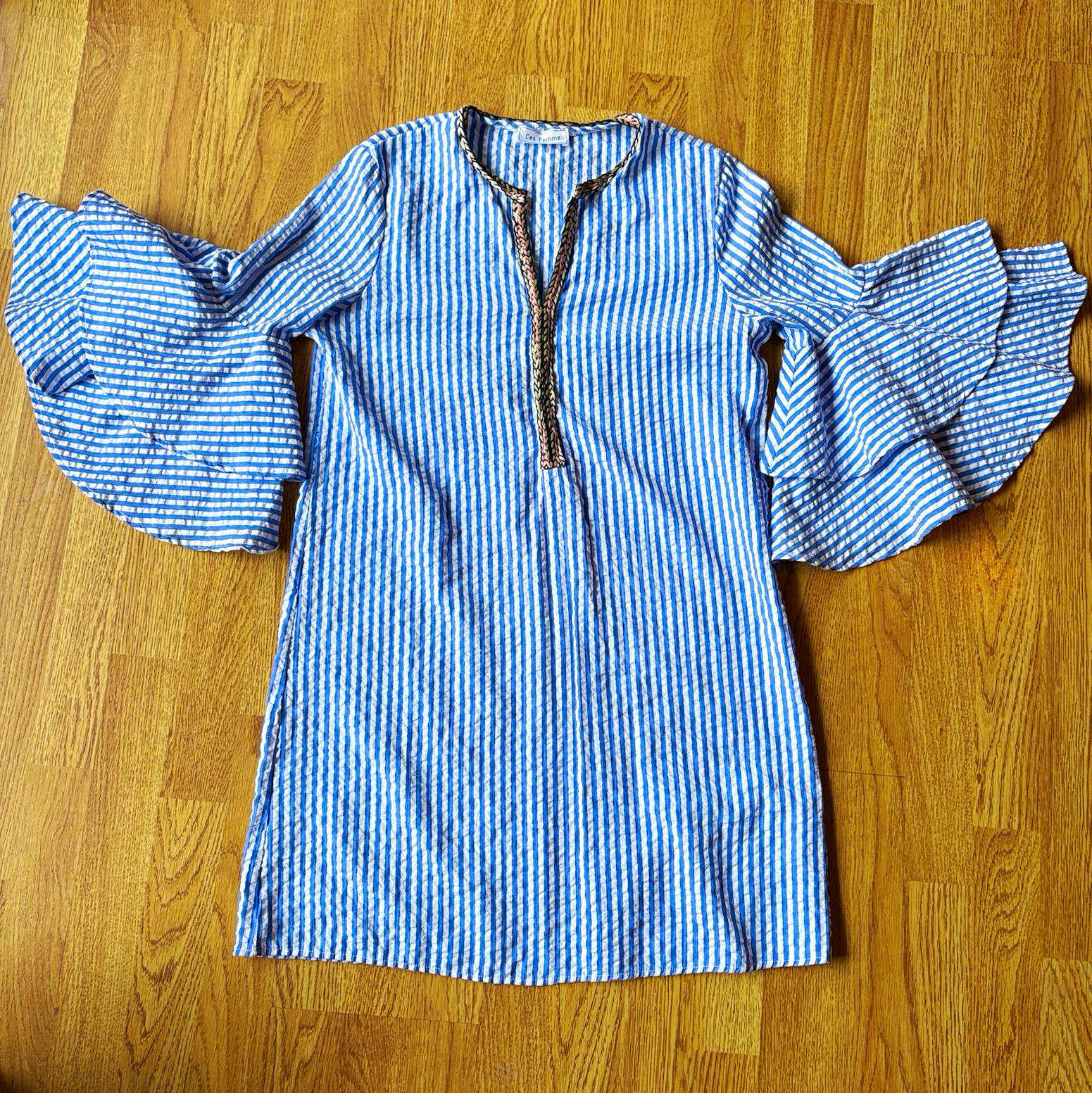 Ces Femme Blue White Striped Tunic Braided Trim Ruffle Nautical Beach Boho Sz M