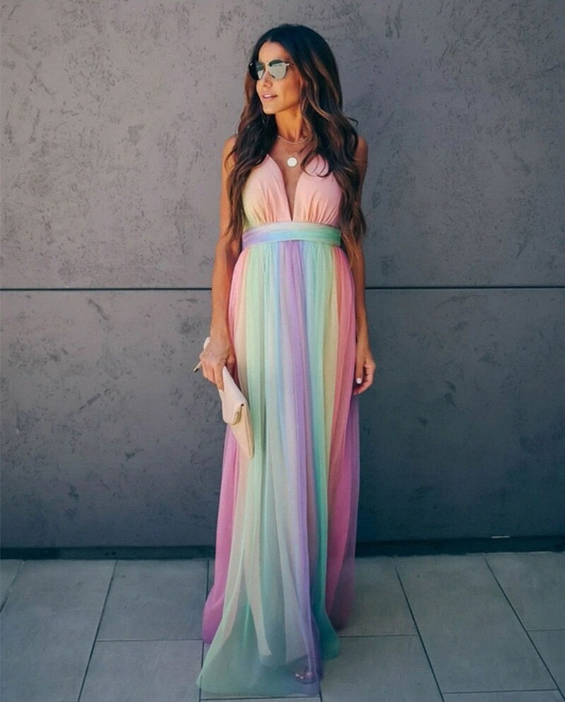 Summer Women Beach Mesh Dress Rainbow Color Spaghetti Straps Party Long Dresses