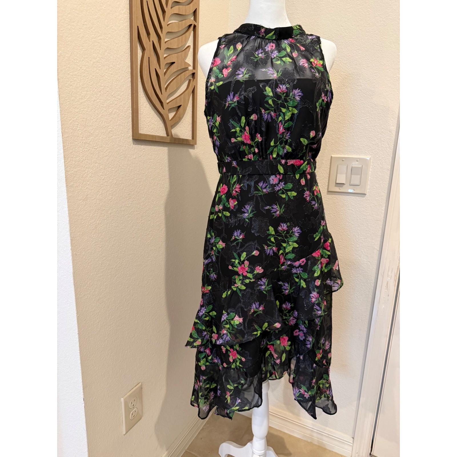 Adrianna Papell Black Floral Metallic Detail Ruffle Asymmetrical Dress 2