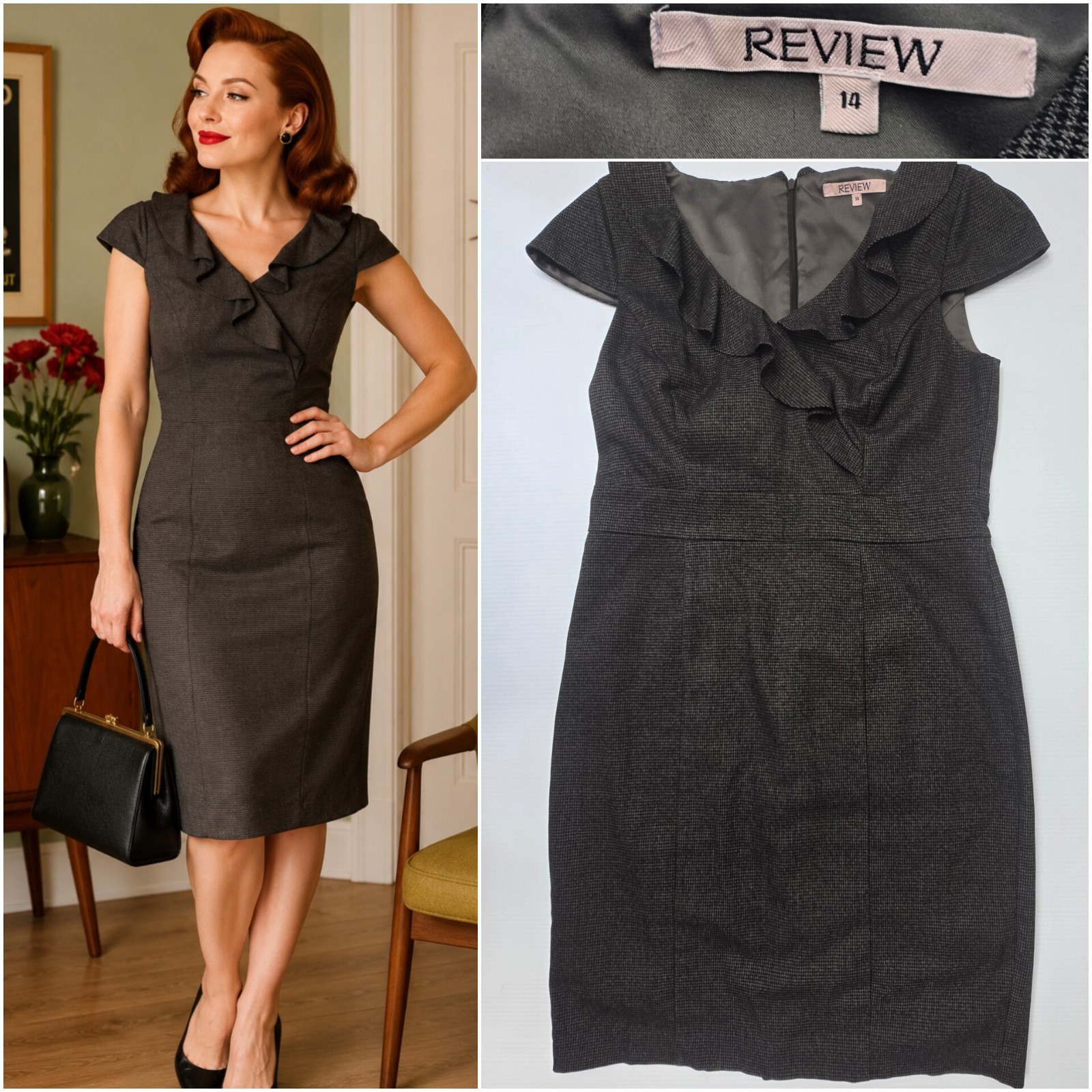 Review Size 14 Dress Brown Houndstooth Check Ruffle Office Business Retro Vibe